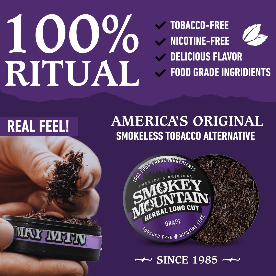 Advertisement for Smokey Mountain Herbal Long Cut with product and promotional text on a purple background.