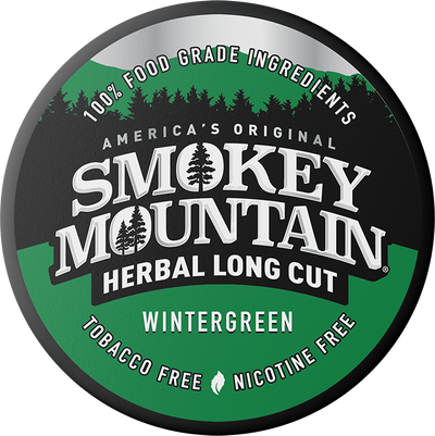 Smokey Mountain Herbal Long Cut Wintergreen packaging with green and black design.