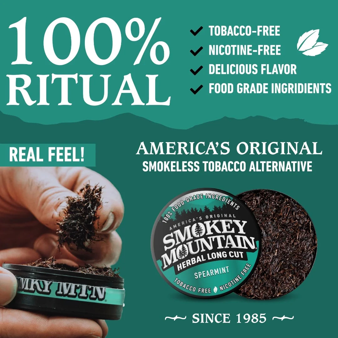 Advertisement for Smokey Mountain Herbal Long Cut Spearmint, a 100% tobacco-free product with food-grade ingredients.