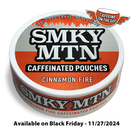 A can of smokey mountain cinnamon fire caffeinated pouches on a white background.