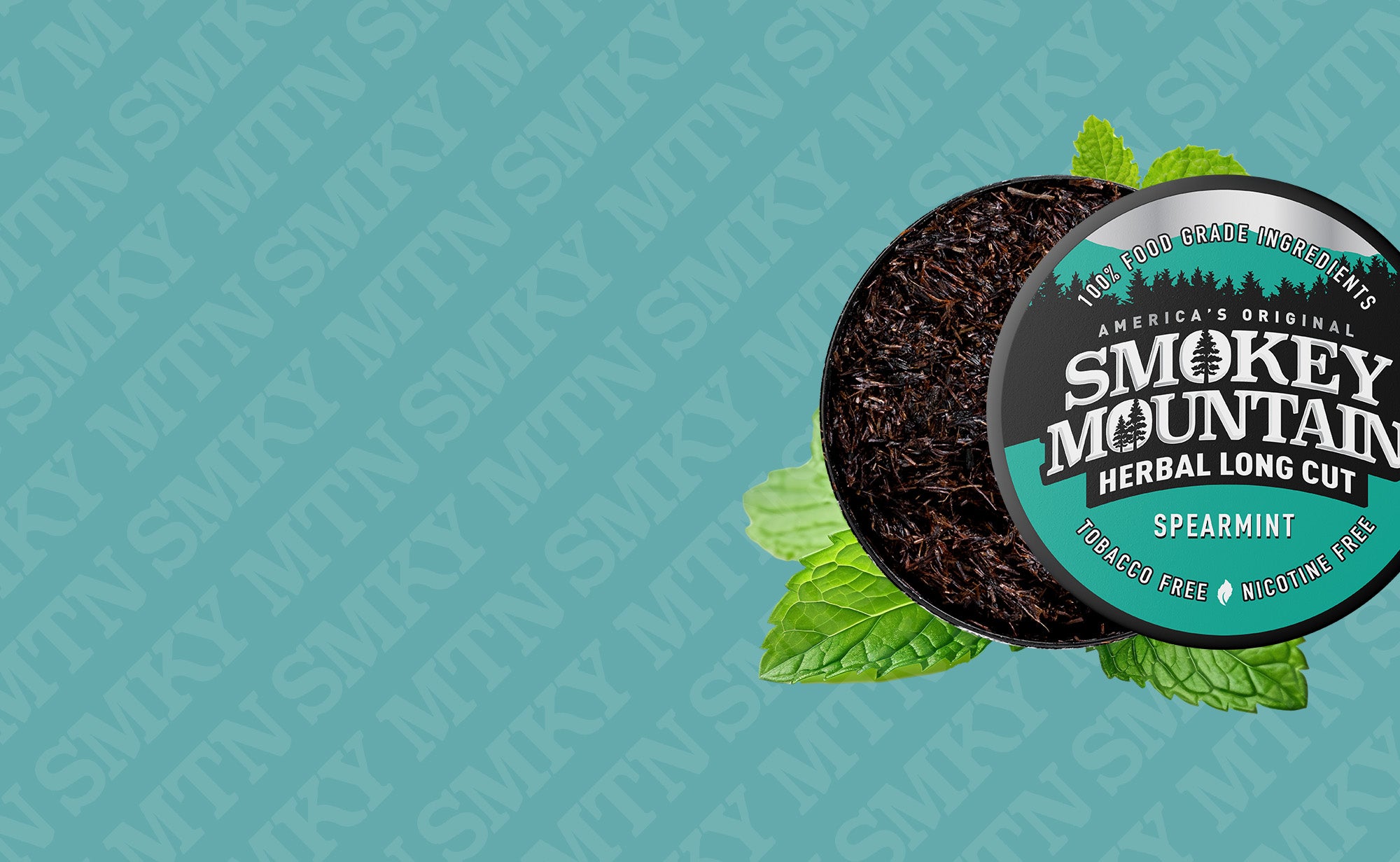 Smokey Mountain Herbal Long Cut Spearmint product on a teal background with brand name.