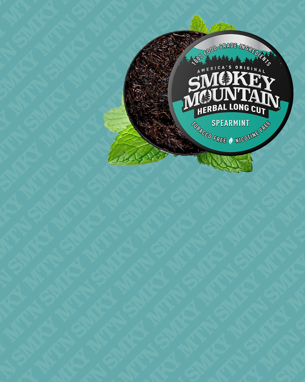 Smokey Mountain Herbal Long Cut Spearmint product on a teal background