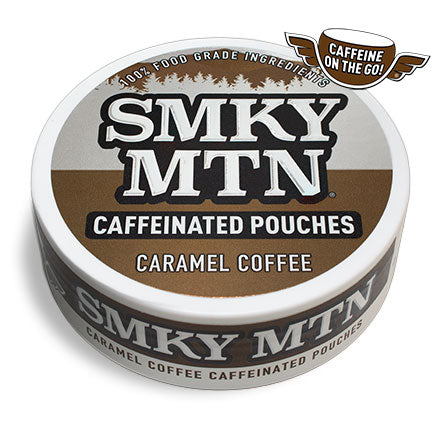 A can of smokey mountain caramel coffee caffeinated pouches on a white background.