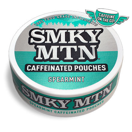 A can of smokey mountain spearmint caffeinated Pouches on a white background.