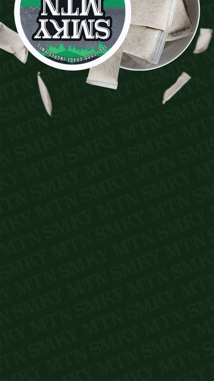 smokey mountain caffeinated pouches on a dark green background with brand logo.